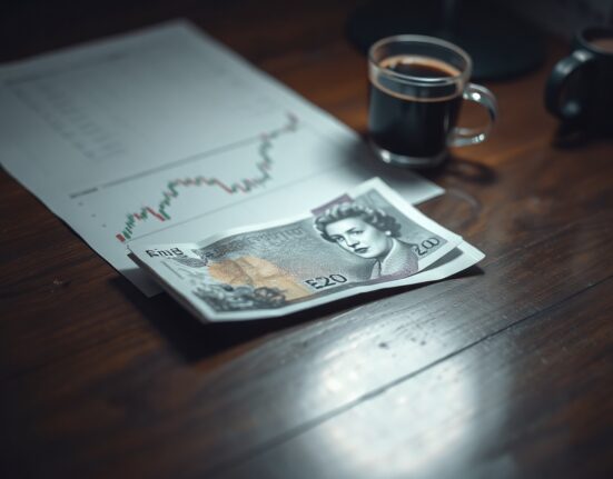 British Pound Sterling banknote on a desk with a forex chart showing a downward trend.