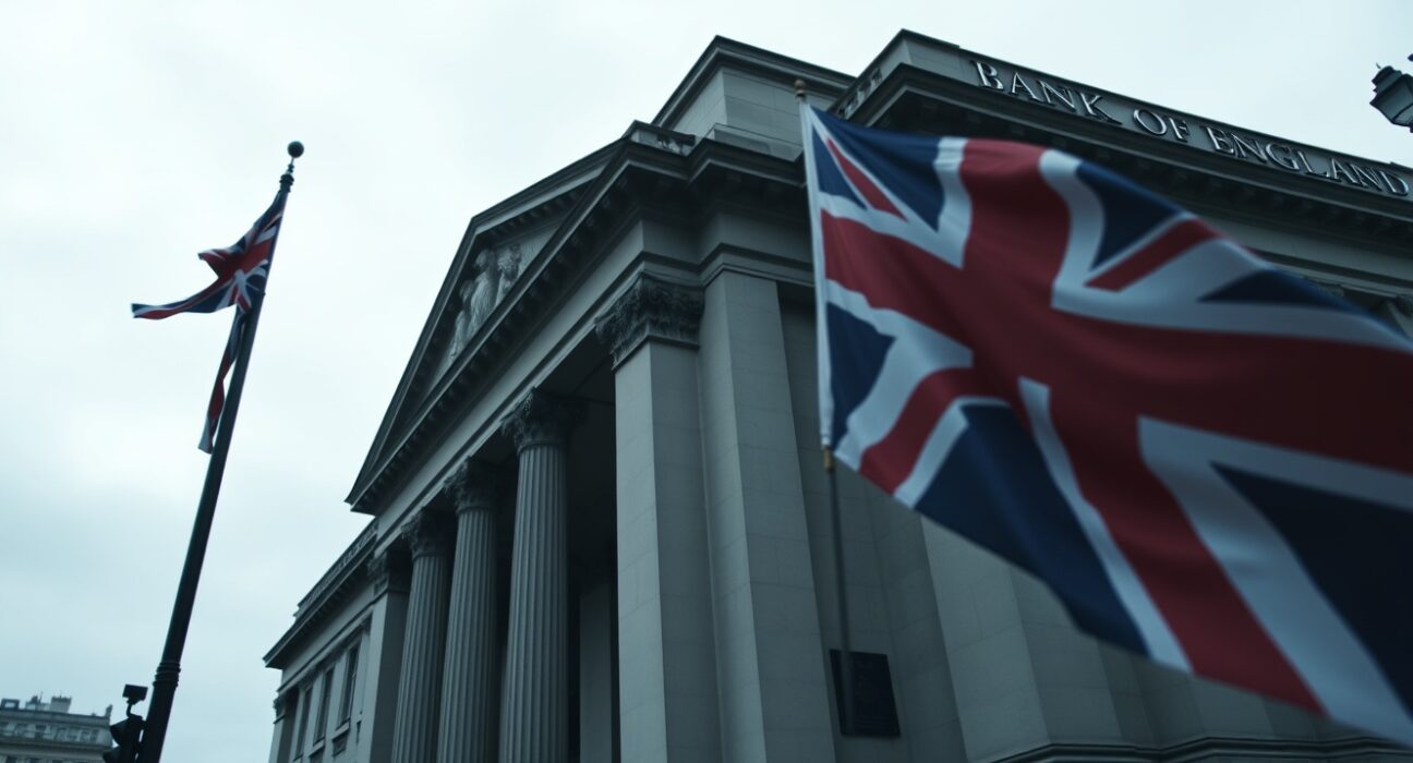 Bank of England building under cloudy sky with Union Jack flag, symbolizing UK economic uncertainty.