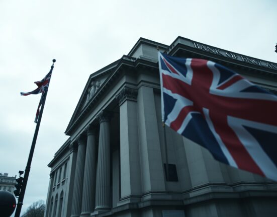Bank of England building under cloudy sky with Union Jack flag, symbolizing UK economic uncertainty.