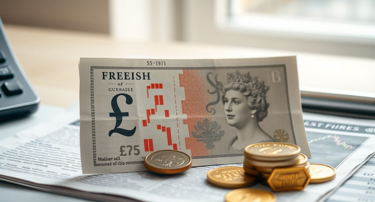 British pound banknotes and coins on a financial newspaper with stock chart