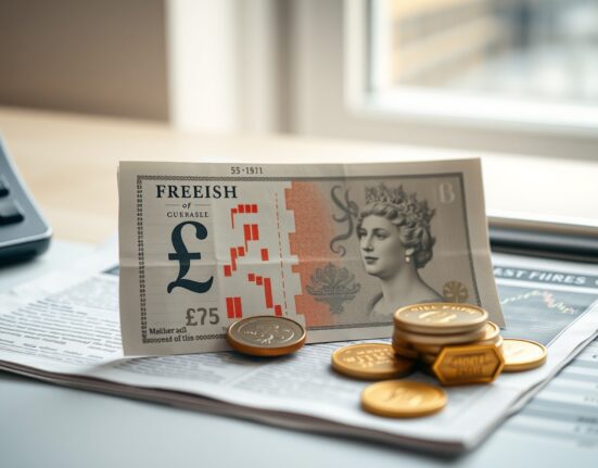 British pound banknotes and coins on a financial newspaper with stock chart