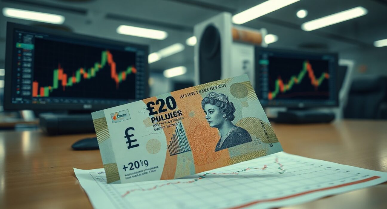 British Pound Sterling banknote on a trading desk with a technical analysis chart showing an upward trend.