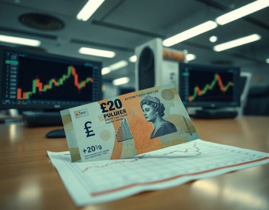 British Pound Sterling banknote on a trading desk with a technical analysis chart showing an upward trend.