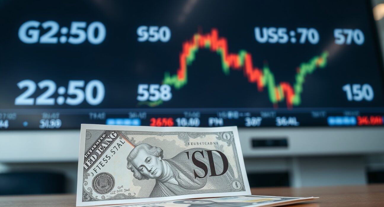 GBP/USD exchange rate charts and banknotes on a trading desk
