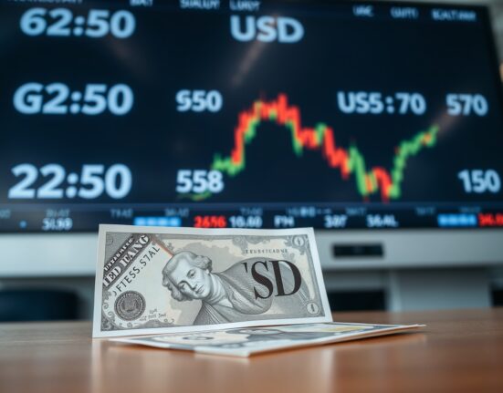 GBP/USD exchange rate charts and banknotes on a trading desk