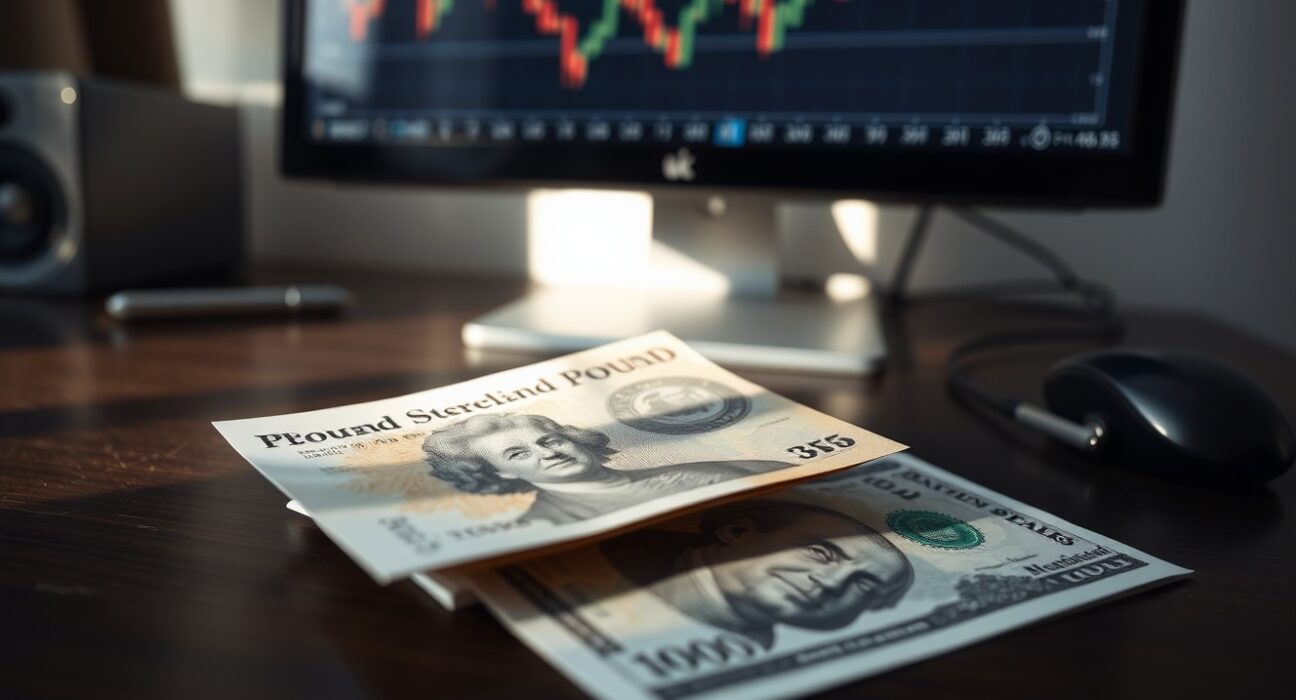 British Pound and US dollar banknotes on a desk with a forex chart on a monitor in the background.
