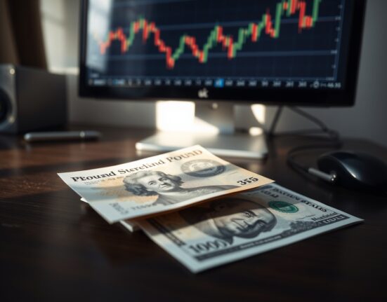 British Pound and US dollar banknotes on a desk with a forex chart on a monitor in the background.