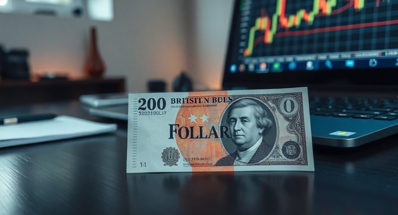 British Pound and US Dollar banknotes on a desk with a financial chart in the background