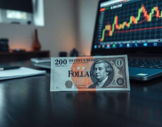 British Pound and US Dollar banknotes on a desk with a financial chart in the background