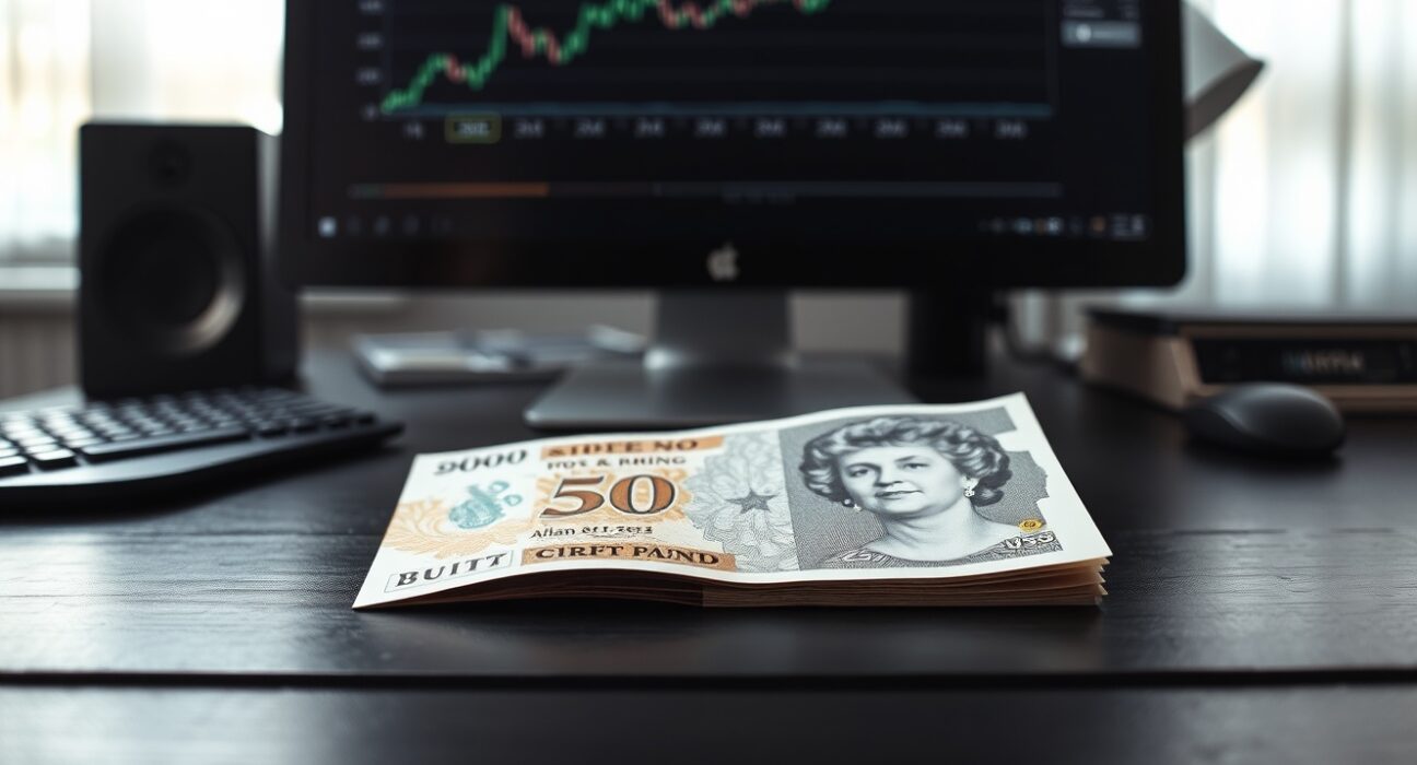 British Pound Sterling banknote on desk with GBP/USD chart on computer monitor in background.