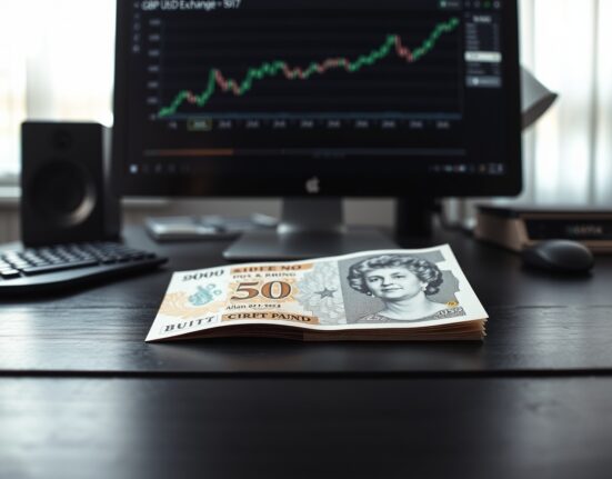 British Pound Sterling banknote on desk with GBP/USD chart on computer monitor in background.