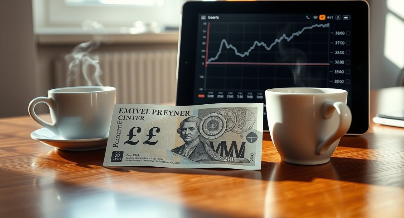 British pound banknote on desk with coffee and tablet showing flat trend chart