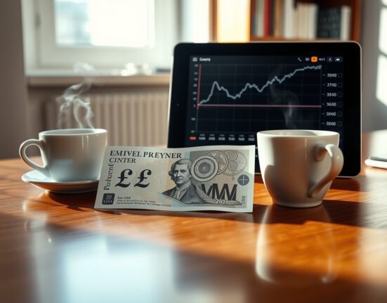 British pound banknote on desk with coffee and tablet showing flat trend chart