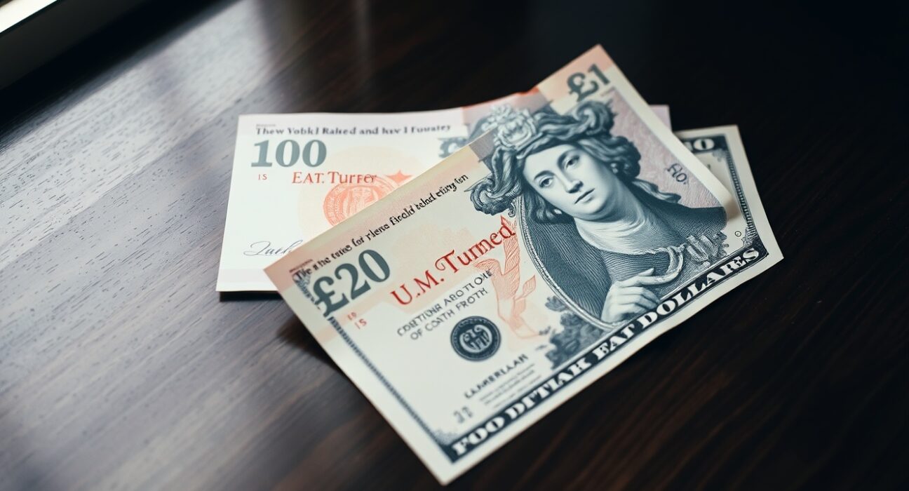 British Pound and US Dollar banknotes lying on a desk, representing the GBP/USD currency pair.
