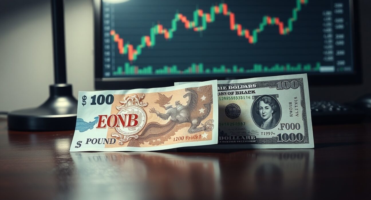 British Pound and US Dollar banknotes on a desk with a financial chart in the background.