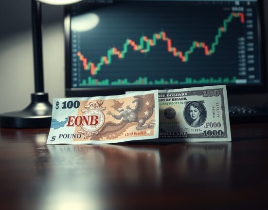 British Pound and US Dollar banknotes on a desk with a financial chart in the background.