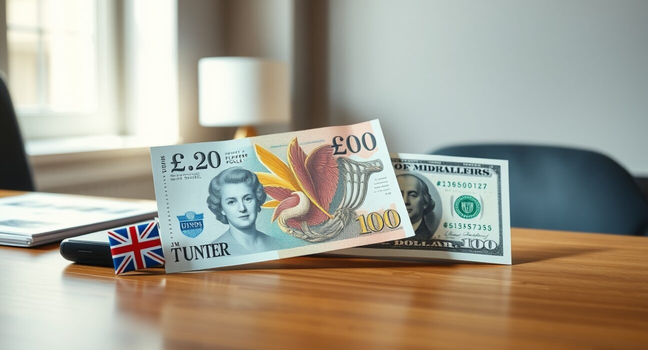 British Pound and US Dollar banknotes on a desk, representing forex market reaction to geopolitical news and economic data.