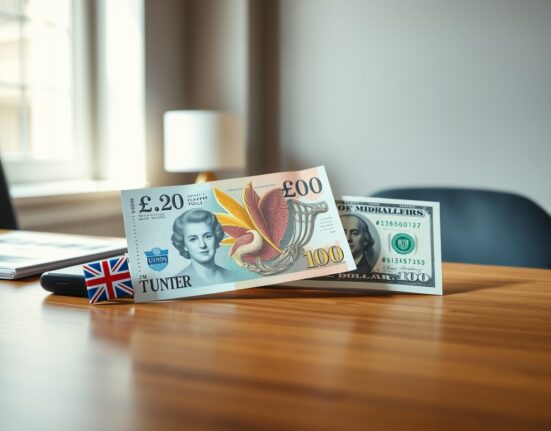 British Pound and US Dollar banknotes on a desk, representing forex market reaction to geopolitical news and economic data.