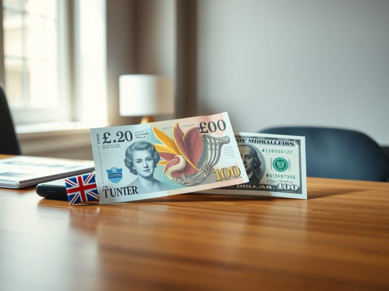 British Pound and US Dollar banknotes on a desk, representing forex market reaction to geopolitical news and economic data.