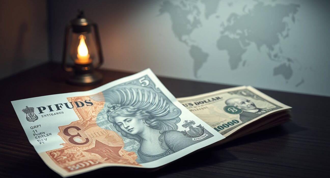 Pound Sterling loses ground as US Iran peace talks stall, with GBP and USD banknotes on a desk representing forex market volatility.