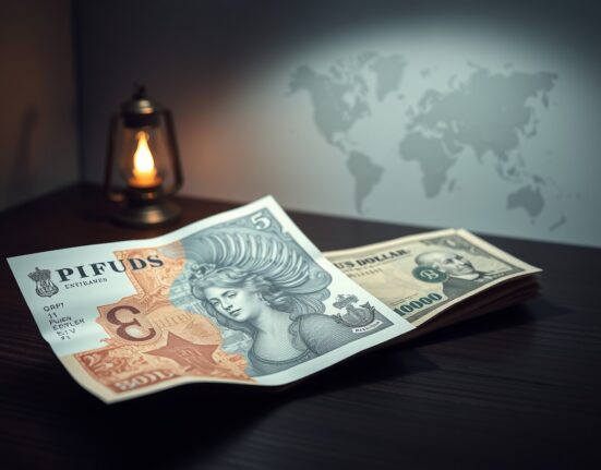 Pound Sterling loses ground as US Iran peace talks stall, with GBP and USD banknotes on a desk representing forex market volatility.