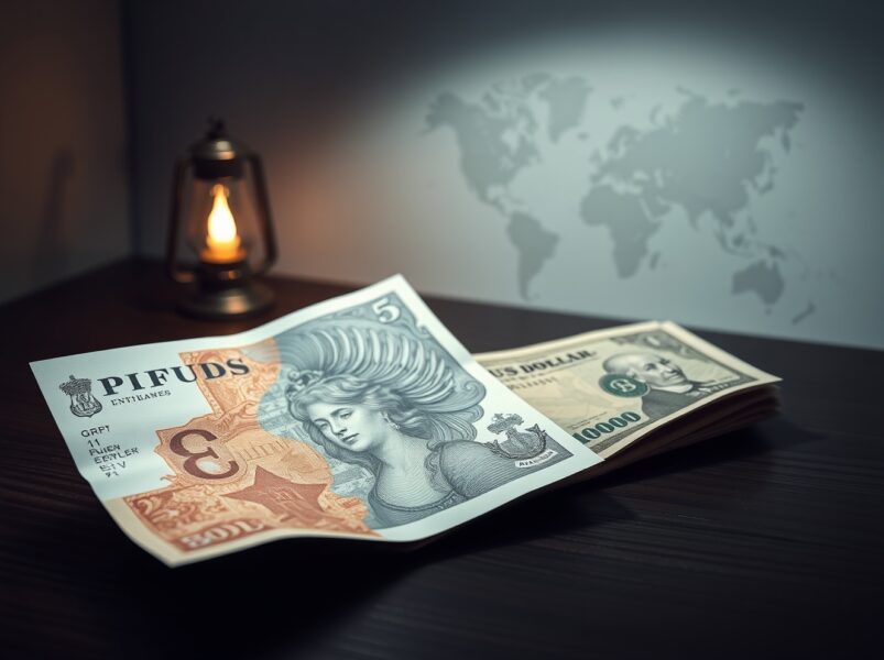 Pound Sterling loses ground as US Iran peace talks stall, with GBP and USD banknotes on a desk representing forex market volatility.