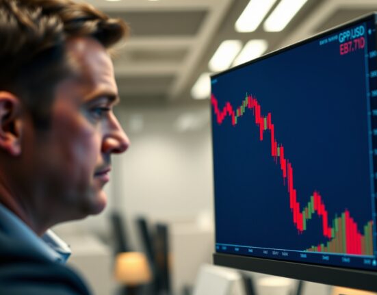 Pound Sterling chart declining sharply on trading screen amid geopolitical and economic concerns.