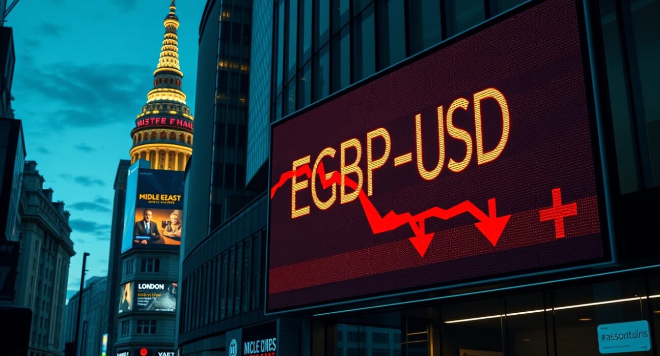 Pound Sterling exchange rate falling on London forex board amid Middle East geopolitical news.