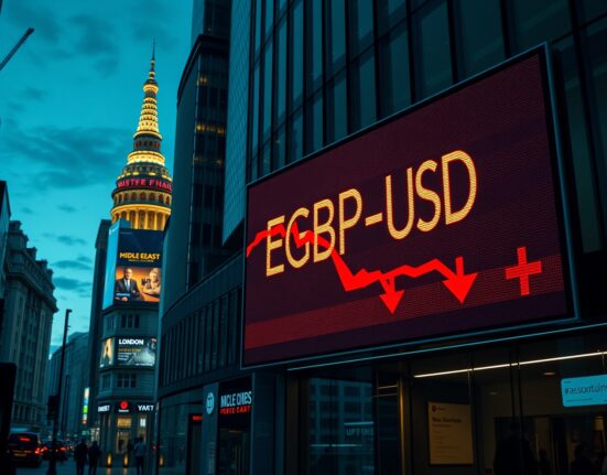 Pound Sterling exchange rate falling on London forex board amid Middle East geopolitical news.