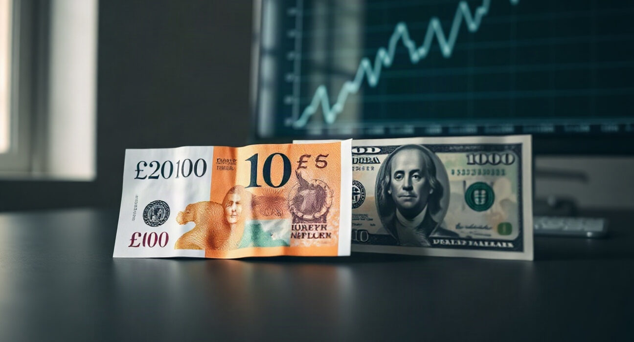 British pound and US dollar banknotes on a desk with a chart in the background, representing GBP/USD exchange rate movements.