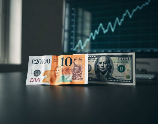 British pound and US dollar banknotes on a desk with a chart in the background, representing GBP/USD exchange rate movements.