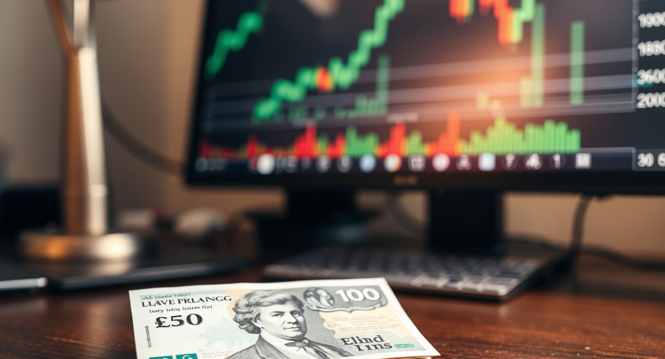 British pound banknote on desk with rising forex chart in background