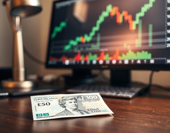 British pound banknote on desk with rising forex chart in background