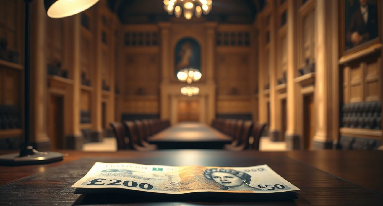 British Pound Sterling banknote on a desk with a dimly lit, empty parliamentary chamber in the background.