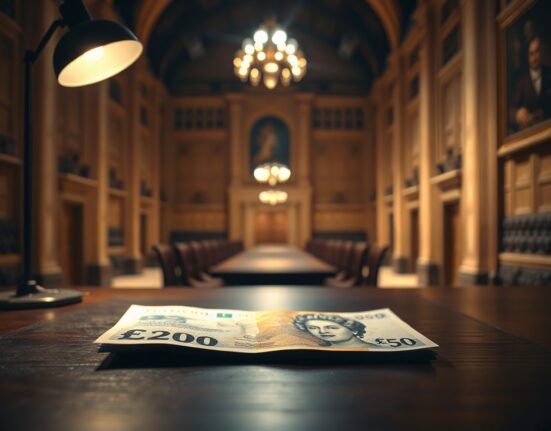 British Pound Sterling banknote on a desk with a dimly lit, empty parliamentary chamber in the background.