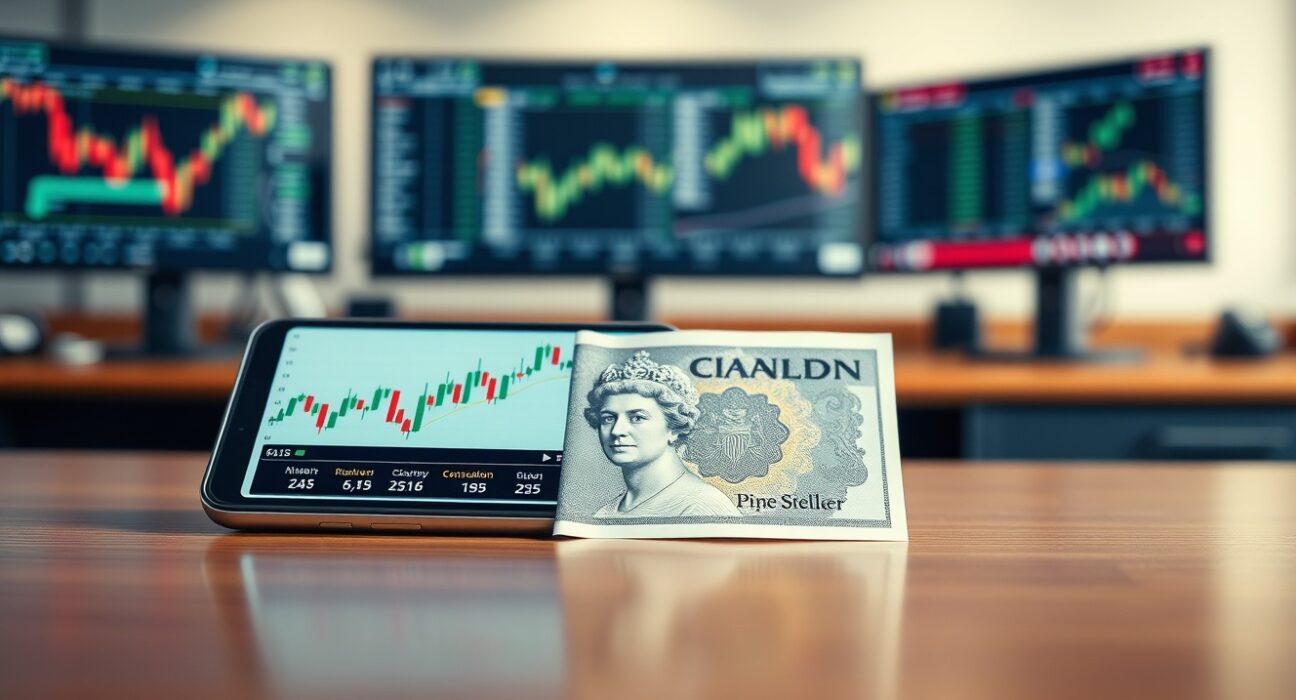 Close-up of a British Pound Sterling banknote with a smartphone showing a rising financial chart on a desk