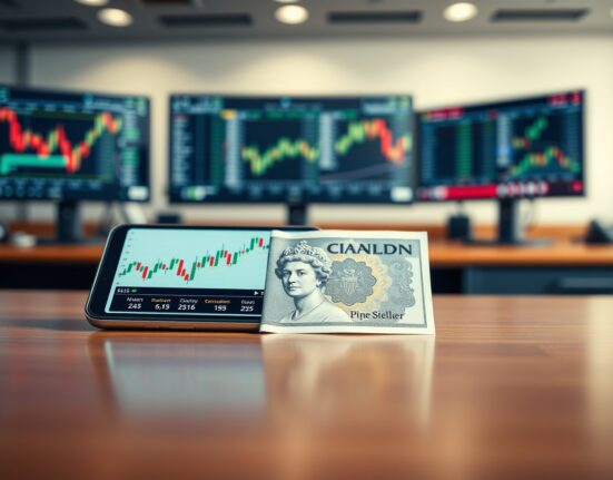 Close-up of a British Pound Sterling banknote with a smartphone showing a rising financial chart on a desk