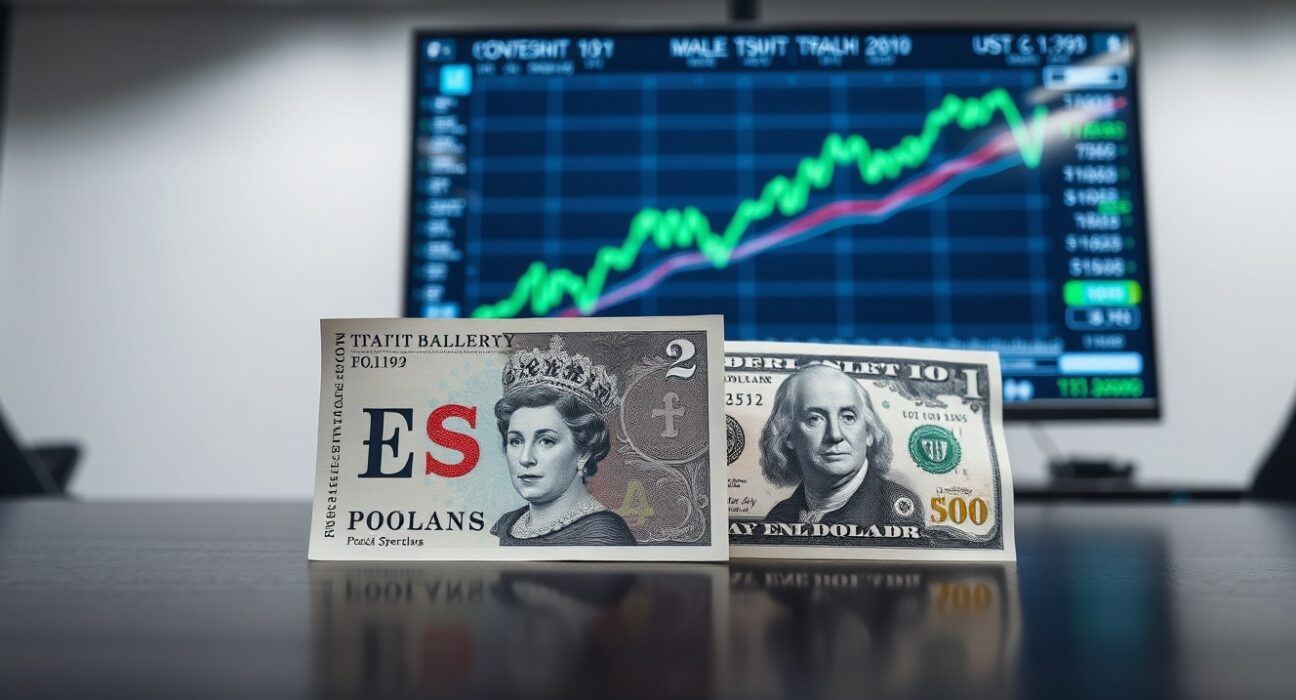 British Pound and US Dollar banknotes on desk with financial chart showing uptrend
