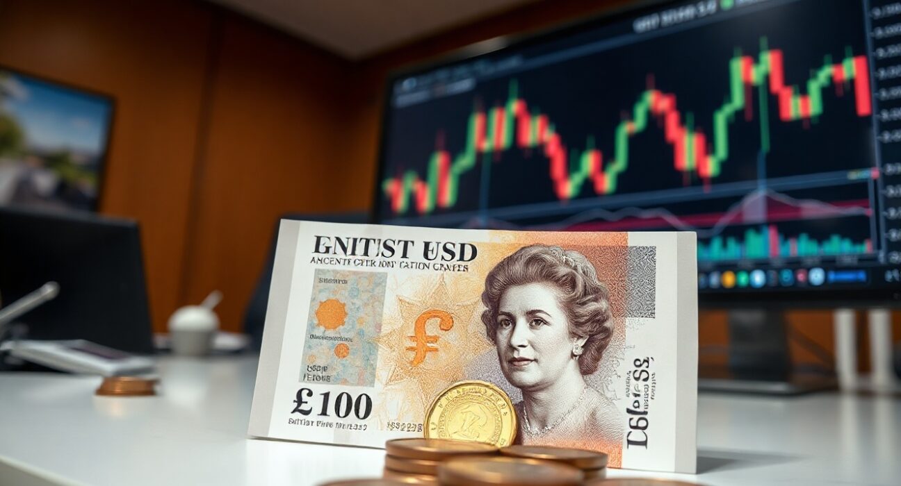 British Pound banknotes and coins with a GBP/USD chart on a screen in the background