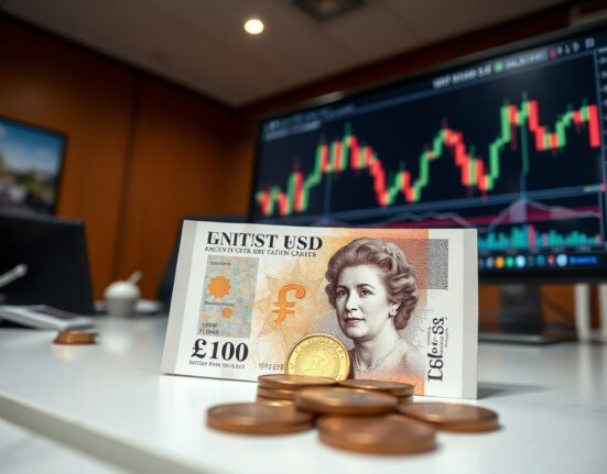 British Pound banknotes and coins with a GBP/USD chart on a screen in the background