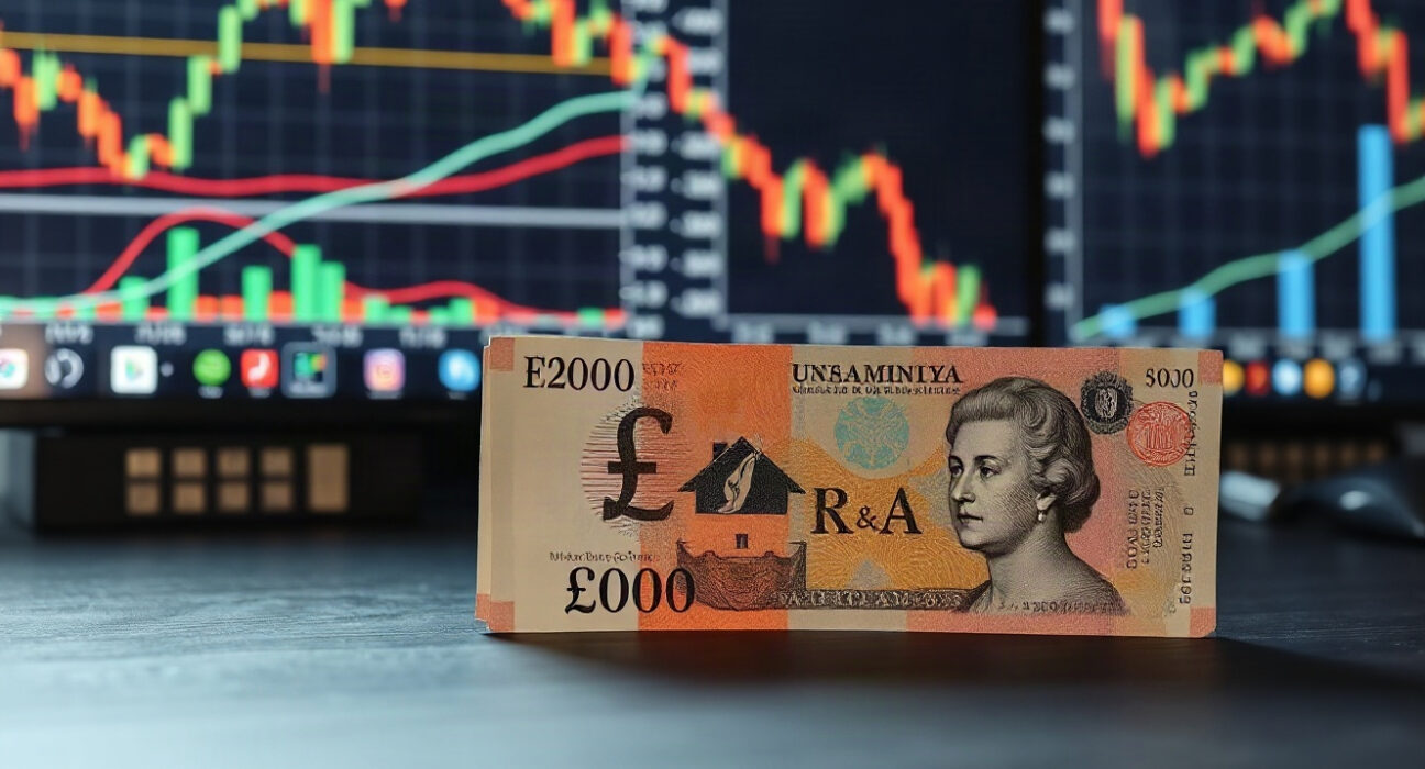 British Pound and US Dollar banknotes on a desk with financial charts in background