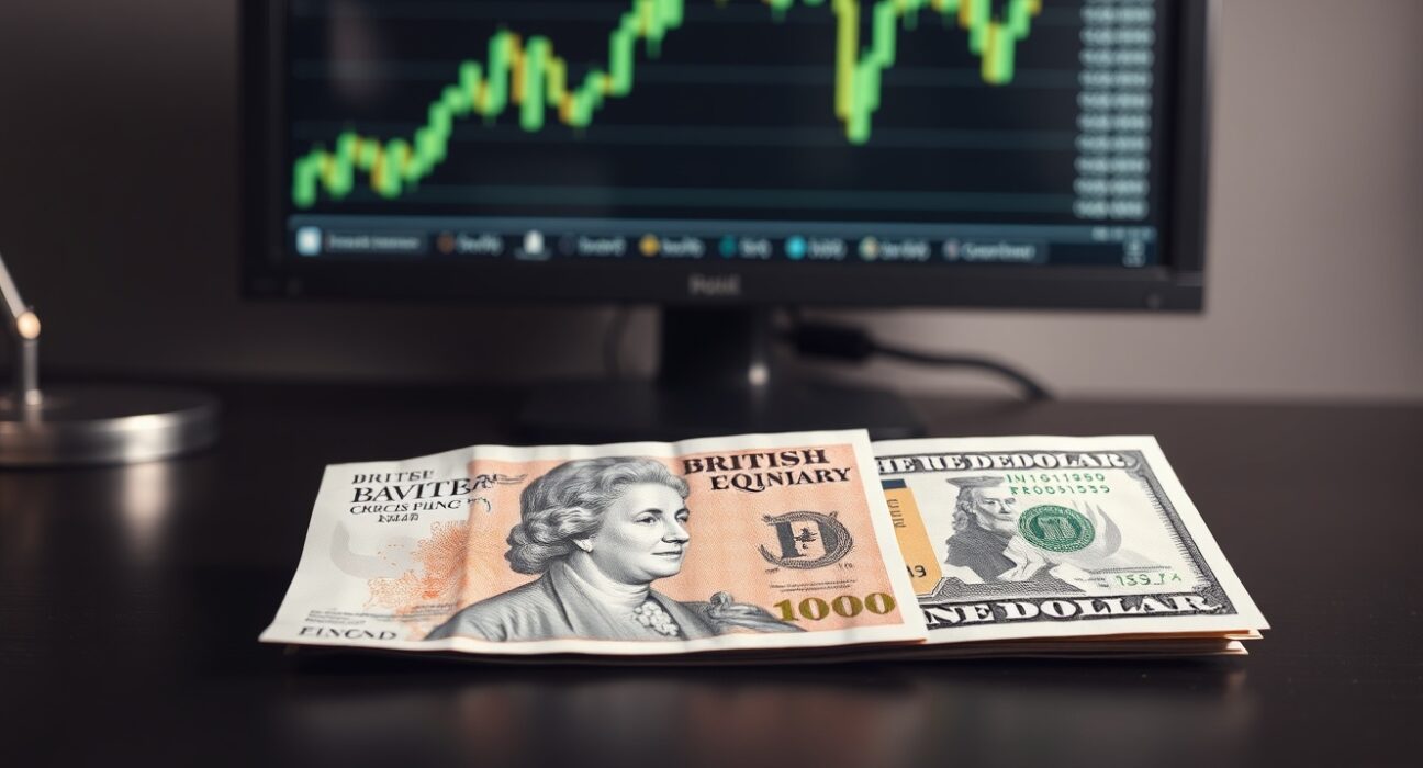 British Pound and US Dollar banknotes on a desk with a financial chart in the background, representing GBP/USD currency trading.