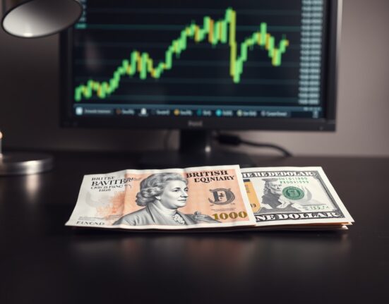 British Pound and US Dollar banknotes on a desk with a financial chart in the background, representing GBP/USD currency trading.