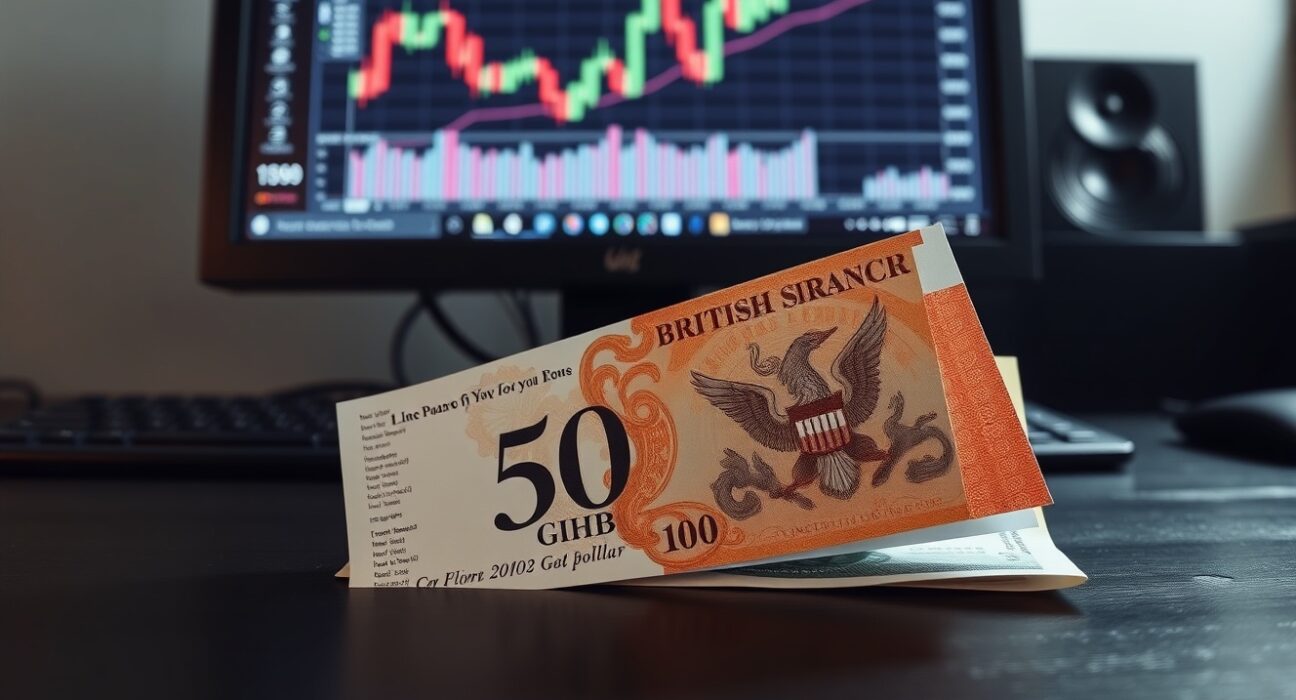 British Pound and US Dollar banknotes on desk with forex chart in background