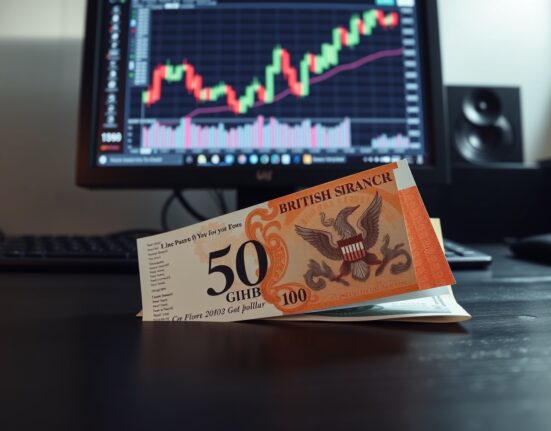 British Pound and US Dollar banknotes on desk with forex chart in background