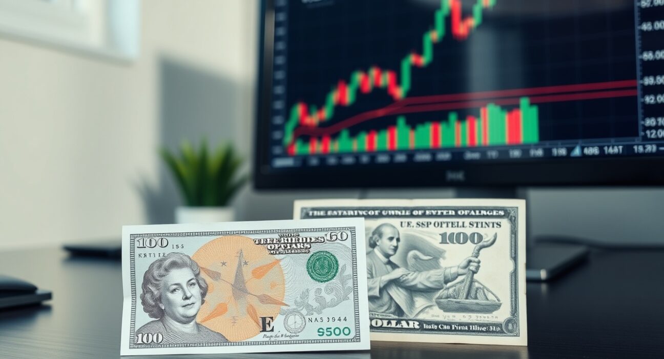 British Pound Sterling and US dollar banknotes on a desk with a trading chart in the background