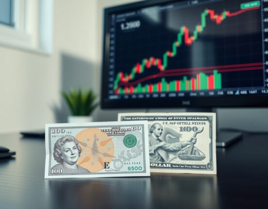 British Pound Sterling and US dollar banknotes on a desk with a trading chart in the background