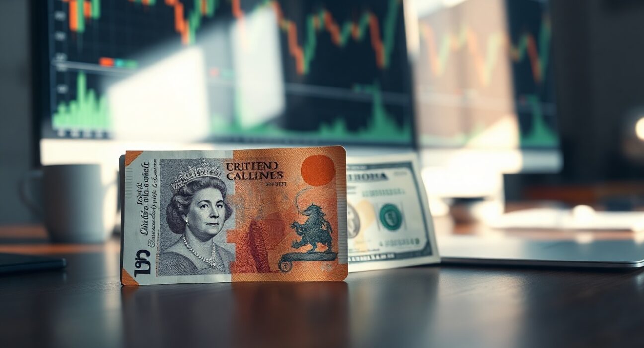 British pound and US dollar banknotes on a desk with a computer screen showing charts, symbolizing GBP/USD exchange rate analysis.