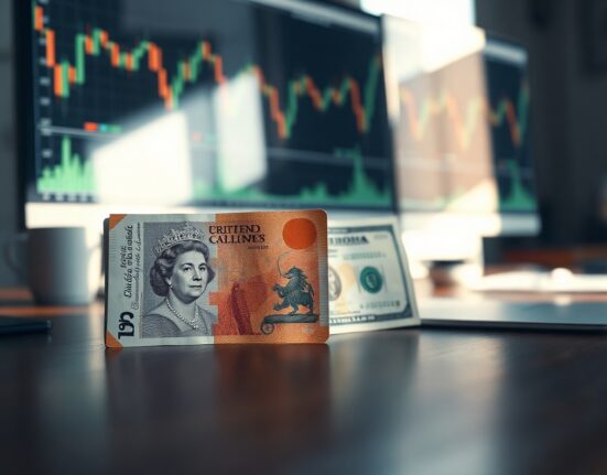 British pound and US dollar banknotes on a desk with a computer screen showing charts, symbolizing GBP/USD exchange rate analysis.