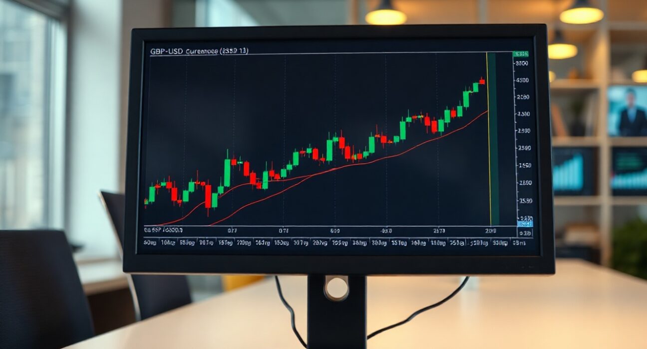 GBP/USD trading chart on a monitor in a financial office, showing price recovery.
